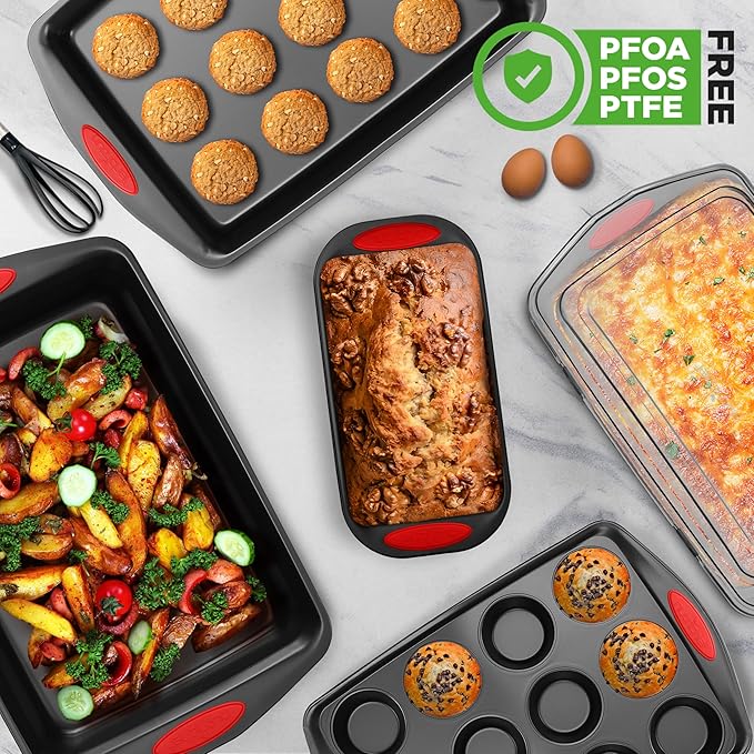 NutriChef 6-Piece Baking Pan Set - PFOA, PFOS, PTFE Free Flexible Nonstick Black Coating Carbon Steel Bakeware - Professional Home Kitchen Bake Cookie Sheet Stackable Tray w/Red Silicone Handles