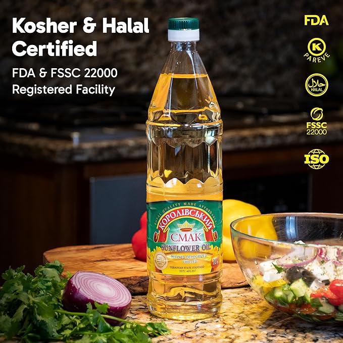 Refined Sunflower Oil, 1 Gal (4 x 1L), Premium Imported Ukrainian Cooking Oil, NON GMO, Halal & Kosher Certified, Neutral Oil for Frying & Salad