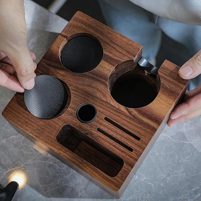 58.5mm Espresso Barista Kit ??Walnut Espresso Press Tool Tamper, Espresso Distributor, Tamping Box, Dosing Funnel, Puck Screens, and WDT Tool