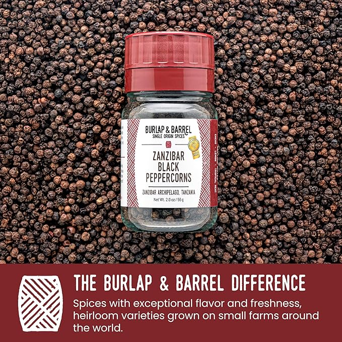 Burlap & Barrel | Zanzibar Black Peppercorns | As Seen On Shark Tank! | Award-Winning, Vine-Ripened, Bright, Lemony, Spicy | Peppercorns Whole, Pepper Corns | 2 Oz Grinder-Top Glass Jar