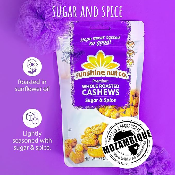 Sunshine Nut Company Whole Roasted Lightly Salted Cashews, Sugar and Spice Flavor, 4 Pack, 7 oz. Each, Gluten Free, Peanut Free and Vegan Individual Snack Packs for Kids and Adults, GMO Free