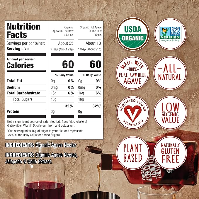 In the Raw Organic Blue Agave Syrup Bundle – Raw Agave Nectar (18.5 Oz) Sugar Substitute + Hot Agave Nectar (10 Oz) Hot Honey Alternative
