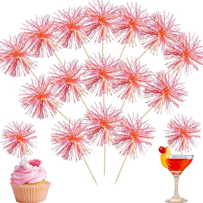Rsstarxi 30 Pack Firework Cupcake Toppers Sparkle Tinsel Drink Birthday Decorations Cocktail Food Fruit Toothpick for Valentine's Day Wedding Birthday Party Cake Decorations Orange