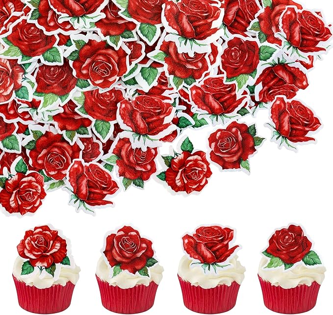 40 PCS Edible rose Cupcake Toppers Wafer Paper Red Rose Flower Cupcake Picks Rose Drink Topper Wedding Engagement Themed Party Valentine's Day Birthday Party Cake Decoration ??"<div>