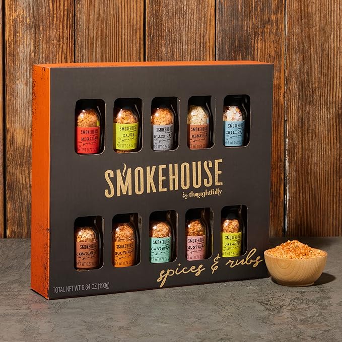 Smokehouse by Thoughtfully, Gourmet Grilling Spice Set in Mini Glass Bottles, Vegan and Vegetarian, Grill Seasoning Flavors Include Caribbean, Jamaican Jerk, Jalapeno, Montreal and More, Pack of 10