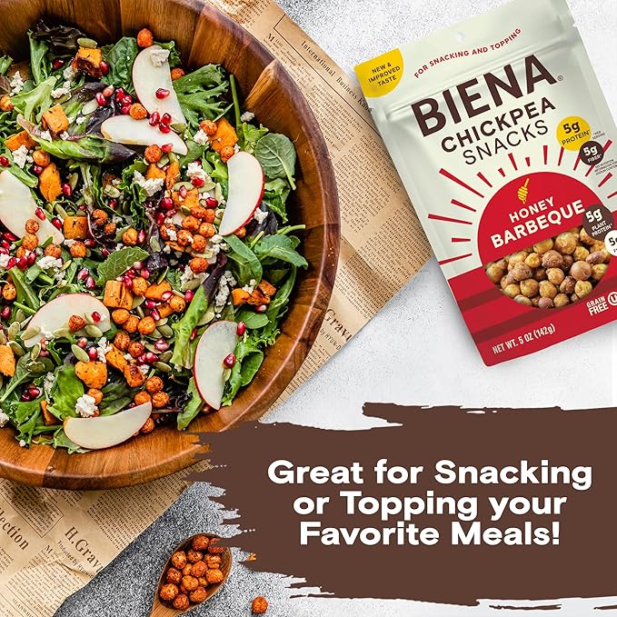 BIENA Chickpea Snacks - Crunchy Roasted Chickpeas - High Fiber Protein Snacks for Adults and Kids - 4-Pack, 5 Ounce Bags - Barbecue