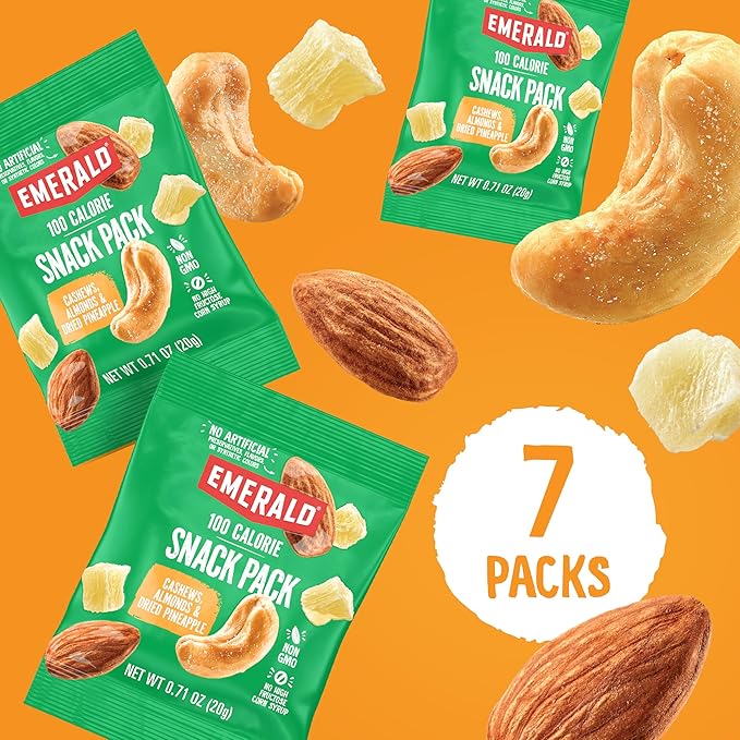 Emerald Nuts Cashews and Almonds with Dried Pineapple 7 Ct (1-Pack), 100-Calorie Individual Packs of Mixed Nut Blend and Dried Fruit