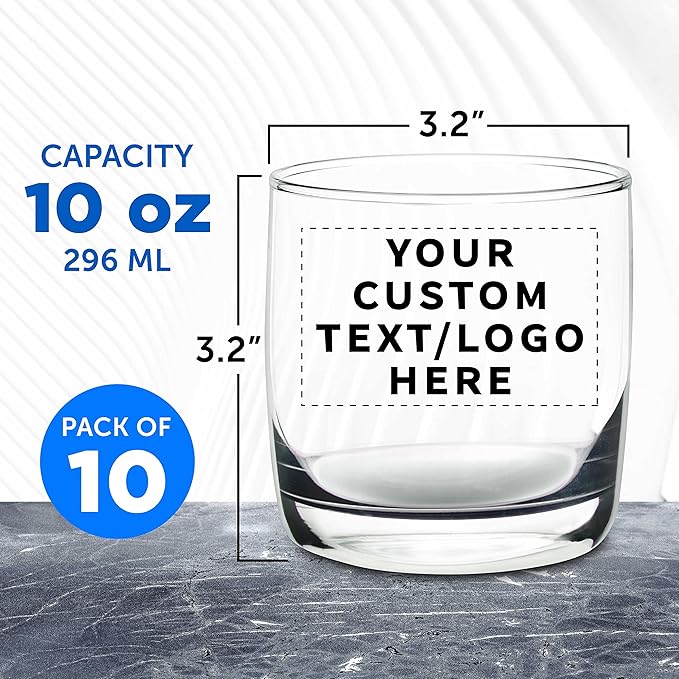 DISCOUNT PROMOS Custom Whiskey Glasses 10 oz Set of 10, Personalized Bulk Pack - Heavy Base Old Fashioned Glass, Perfect for Scotch, Bourbon, Whiskey, Cocktail - Clear Bottom Color