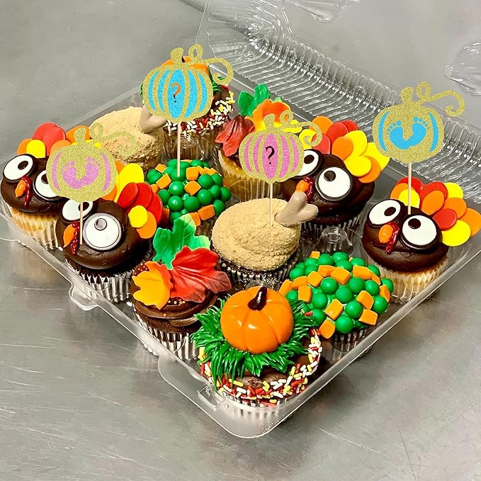 24Pcs Pumpkin Boy or Girl Cupcake Toppers Gender Reveal Cake Topper Pumpkin Cupcake Picks Baby Little Feet Cake Decorations for Fall Theme Baby Shower Kids Birthday Party Supplies