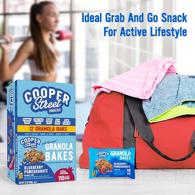 Cooper Street Blueberry Pomegranate Granola Bakes (48 Count) – Individually Wrapped Soft and Chewy Granola Bars Bulk – Low Sodium, Nut & Dairy Free - Perfect As Healthy Bulk Office or Classroom Snacks