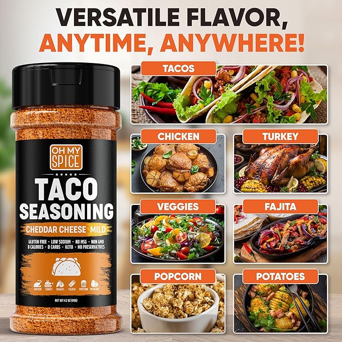 Taco Seasoning Mix Cheddar Cheese Powder - Gluten Free & Low Sodium Mild Cheesy Mexican Seasoning Blend for Taco Tuesday Night. Spicy Nacho Cheese Powder for Fajita & Burrito. Hot Tacos Spices. 4.2oz