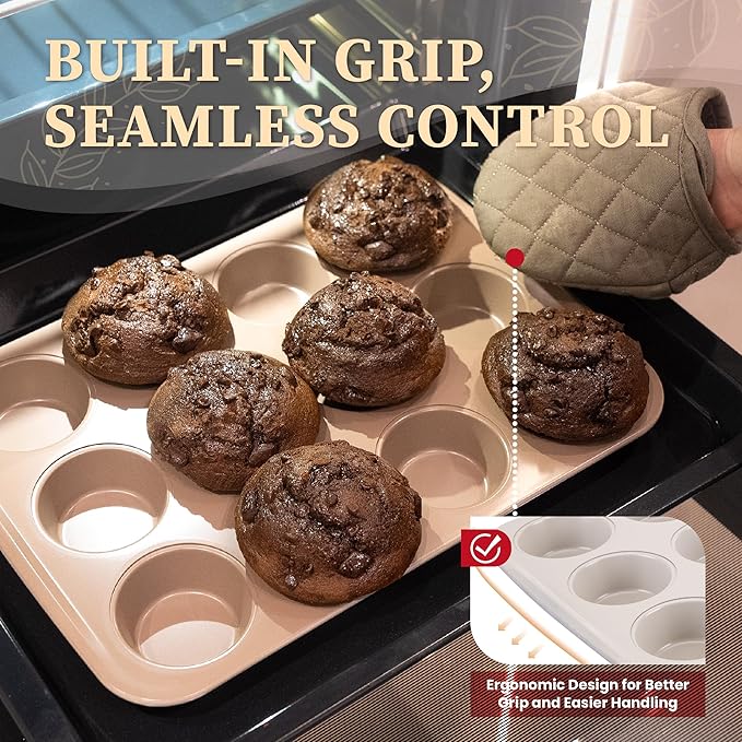 CARTMAN Bakeware Set 9-pieces Brown and White with Round/Square Cake Pan,Loaf Pan,6/12 Cup Muffin Pan,Cookie Sheet, Brush and Spatula, Carbon Steel Bake Set, Nonstick Stainless Steel Baking Pans Set