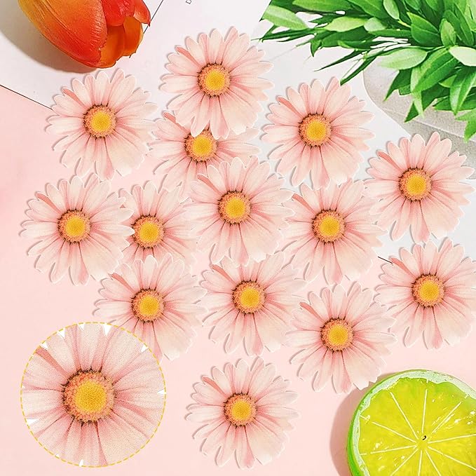 60 Pack Edible Flower Cupcake Toppers Wafer Paper Beautiful Flower Cake Picks for Wedding Birthday Theme Baby Shower Party Cake Decorations Supplies Pink