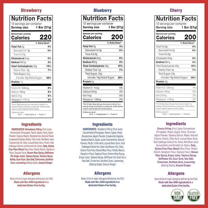 Betty Lou's Fruit Bars Variety Pack, Gluten Free Snacks for Adults and Kids, 4 Flavors of Vegan Breakfast & Cereal Bars, Blueberry, Strawberry, and Cherry, 12 Pack