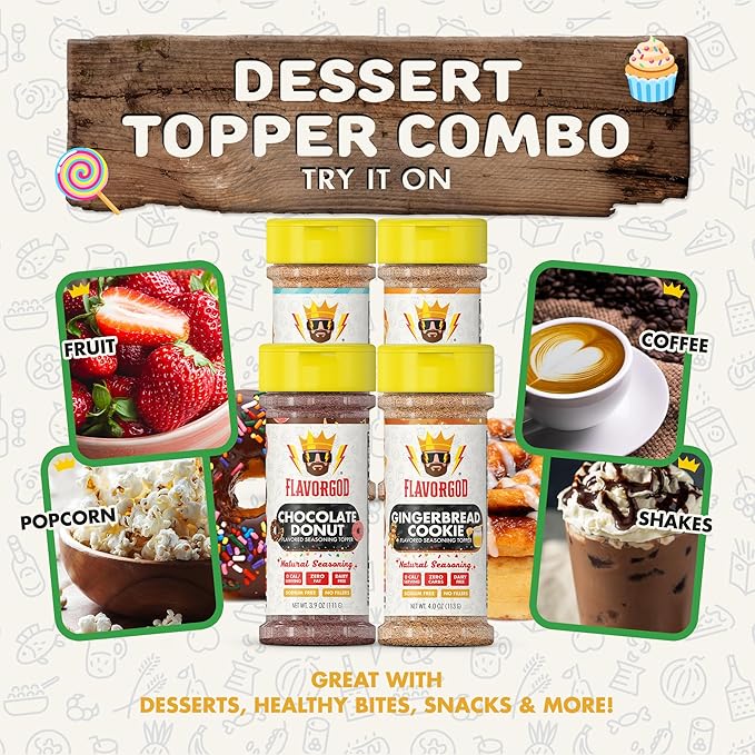 Dessert Topper Combo Pack - Buttery Cinnamon Roll, Chocolate Donut, Gingerbread Cookie, Pumpkin Pie, Pack of 4 - Premium All Natural & Healthy Blend for Bread, Fruit, Ice Cream Seasoning by Flavor God