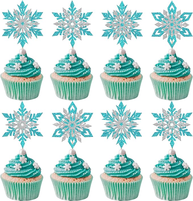 Rsstarxi 24 Pack Blue Snowflake Cupcake Toppers Double Layered Silver Snowflake Cupcake Picks Decoration for Winter Frozen Theme Baby Shower Wedding Birthday Christmas Party Cake Decorations