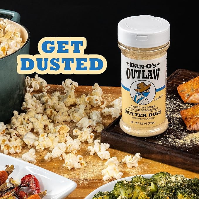 Dan-O's Outlaws Butter Dust Seasoning, 6.9 oz Bottle, Buttery All Purpose Seasoning for Chicken, Veggies, Popcorn and More, Sugar Free, Zero Calorie, This Spice Blend Adds Rich Flavor Without the Mess