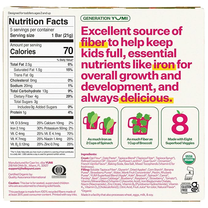 Yumi Organic Toddler Snacks Bars - Gluten-Free, No Added Sugar, 7+ Vegetables, Soft-Baked Crust, Yumi Bars Healthy Toddler Organic Snacks - School Safe and for Lunch Boxes, Strawberry & Rhubarb (30ct.)