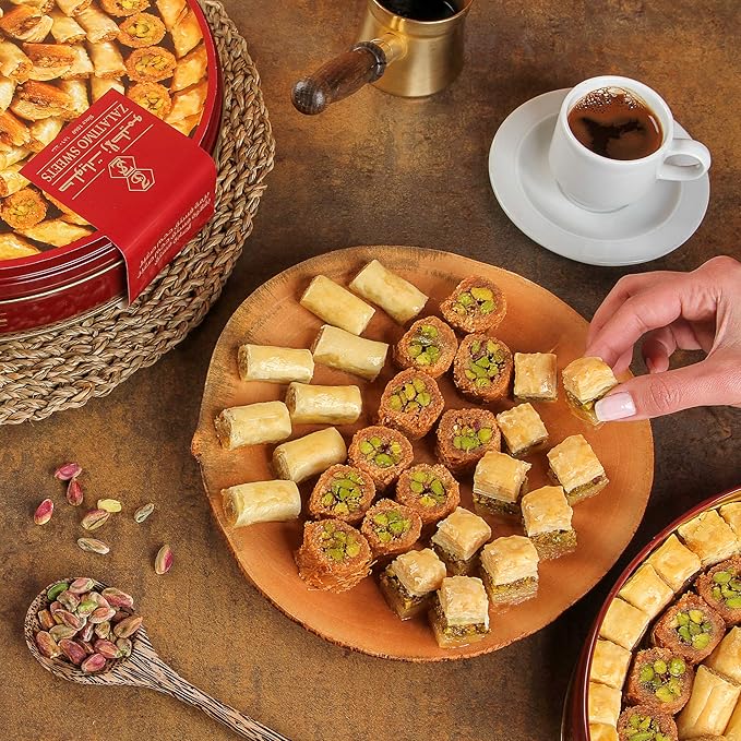 Zalatimo Sweets Since 1860, 100% All Natural Assorted Baklava, Slightly Sweet Baklava in Round Metal Gift Tin, No Preservatives, No Additives, No Corn Starch, No Syrups! 2.2Lbs