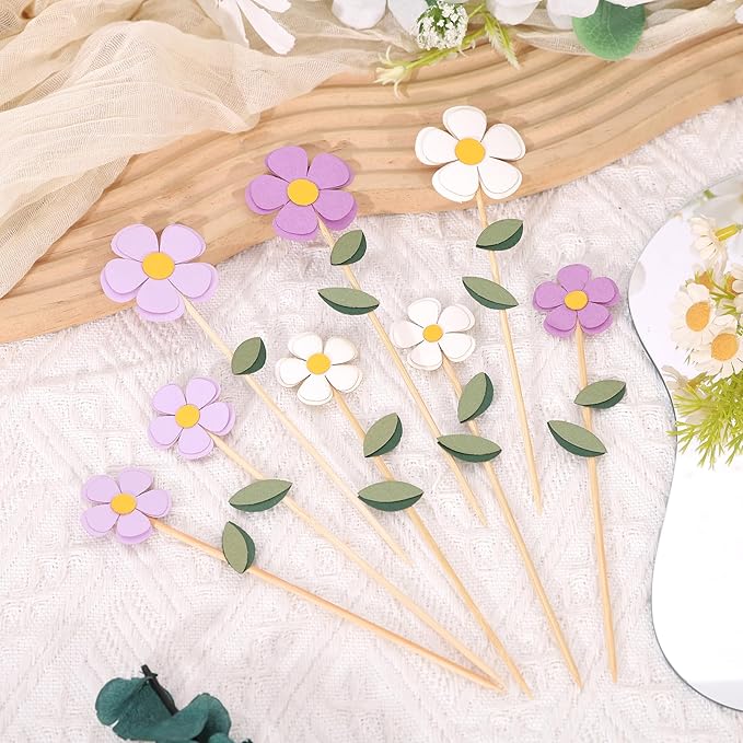 8Pcs Purple White Flowers Cake Toppers - Spring Floral Birthday Wedding Decorations,Bohemian Flower Party Cupcake Toppers,Purple Daisy Floral Cake Centerpieces,Sweet Garden Party Photo Props