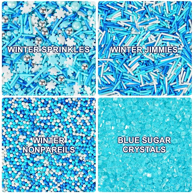 Blue and White Sprinkles for Cake Decorating 6.5oz Edible Snowflake Pearls Sugar Jimmies Nonpareils Sanding Sugar Sprinkle Mix, Winter Sprinkles for Cupcakes, Cookies, Ice Cream Christmas Baby Shower, Hanukkah