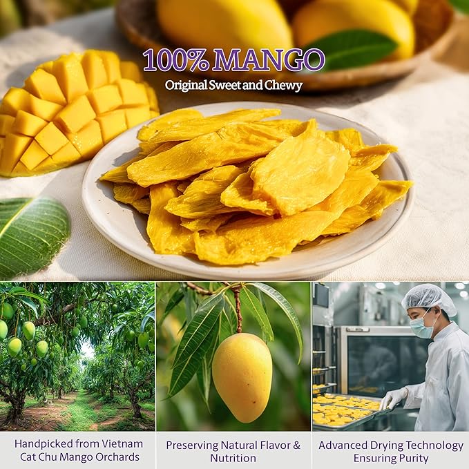 Vinamit Soft Dried Mango | Naturally Sweet Cat Chu Mango Slices | 3.5 oz Bag | Vegan, Non-GMO, Gluten-Free & Low Added Sugar | Rich in Potassium | Ideal for Travel, Healthy Snacking
