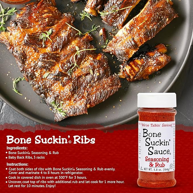 Bone Suckin' Seasoning & Rub, Original Blend, 5.8 Oz, Grilling Rubs, Dry Pork Rub, Gluten-Free, Non-GMO, Kosher, Great on Ribs, Pork, Beef, Chicken, Seafood, Pasta, Vegetables, Even Popcorn and No Msg