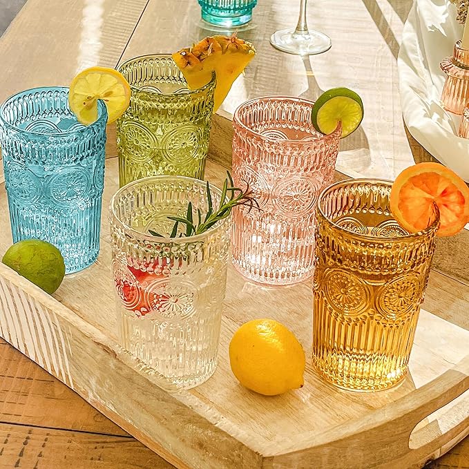 Vintage Textured Aqua Blue Striped Drinking Glasses Set of 6-13 oz Ribbed Glassware with Flower Design | Cocktail Set, Juice Glass, Water Tumbler