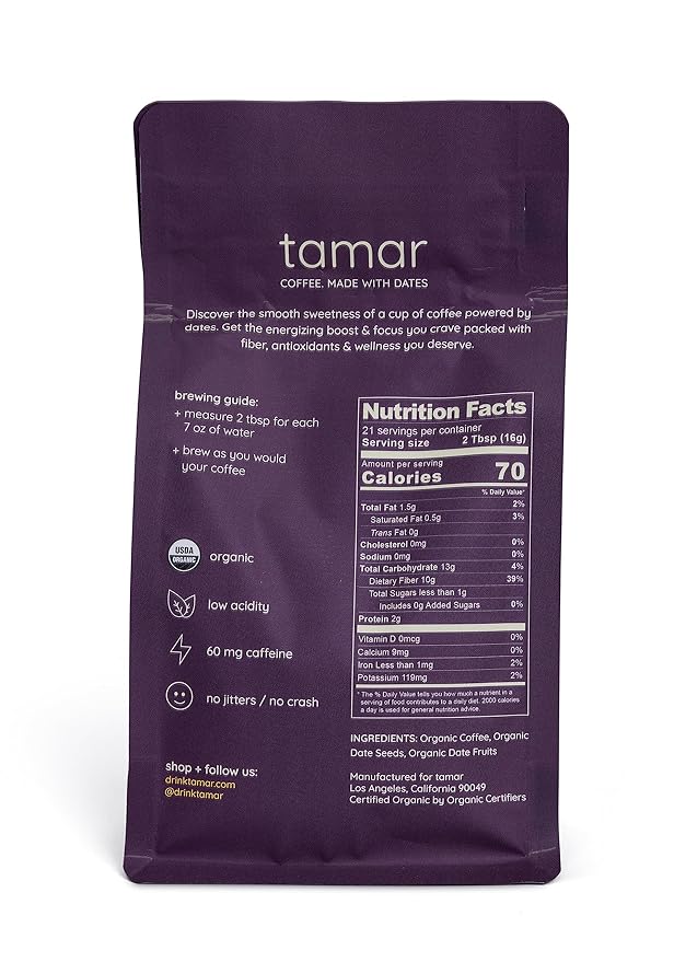 Tamar Date Coffee | Organic Ground Blend of Coffee & Whole Dates | Low Acid | Half Caffeine | Nutrient Rich | Boost of Energy | Medium Roast | 12oz bag
