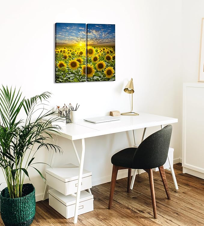 Sunflower Canvas Wall Art Decor - 2 Piece Set, Decorative Multi Panel Split Prints - Flower Field Landscape Picture for Living Room, Kitchen, Bedroom, Office & Home Decor Gift