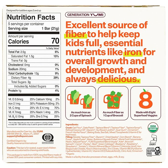 Yumi Organic Toddler Snacks Bars - Gluten-Free, No Added Sugar, 7+ Vegetables, Soft-Baked Crust, Yumi Bars Healthy Toddler Organic Snacks - School Safe for Lunch Boxes, Apple Cinnamon & Squash (30ct.)