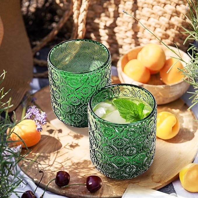 Joeyan Small Drinking Glasses,Vintage Green Embossed Floral Water Glass Tumbler Cups,Colored Beverages Cocktail Juice Wine Glassware,9 oz,Set of 4,Dishwasher Safe