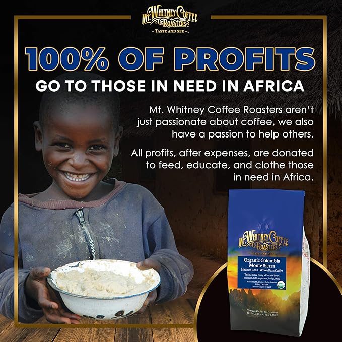 Mt. Whitney Colombia Monte Sierra Organic, Single Origin, Medium Dark Roast, Smooth Full Flavored, Low Acid Coffee (Whole Bean, 5 Lb)