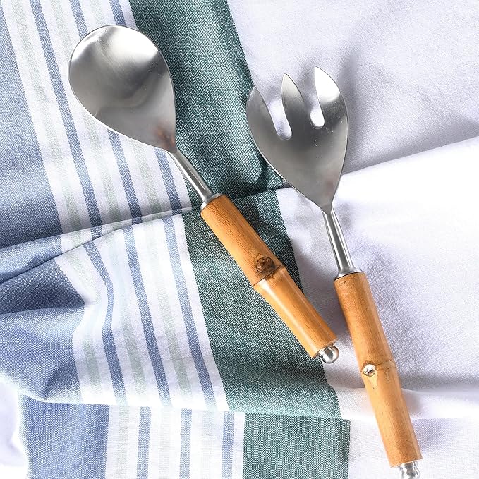 Folkulture Serving Utensils for Modern Cooking, Stainless Steel Salad Servers or Tongs, 12 Inch Tosser, Spoon and Fork Set With Bamboo Handle, Silver