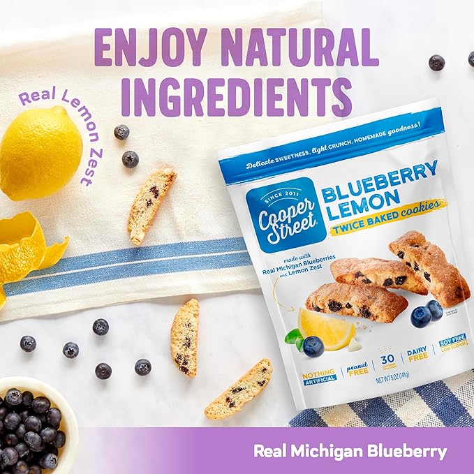 Cooper Street Italian Biscotti Cookies - Twice Baked Biscotti Style Cookie Biscuits in Delicious Blueberry Lemon Flavor | Crispy, Light and Healthy Cookies | Peanut & Dairy Free | 1.25 oz - 24 Pack