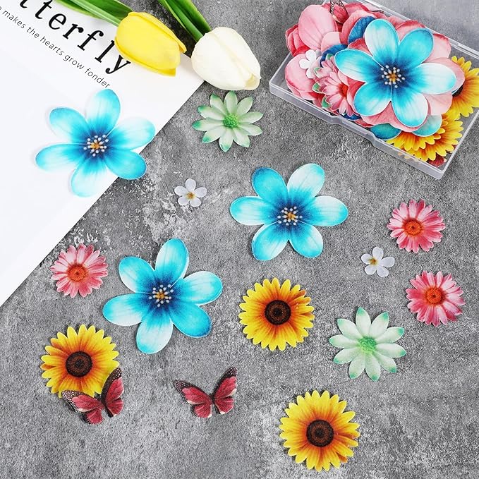55Pcs Edible Flower Butterfly Cake Topper, Mixed Size & Colour Wafer Paper Cupcake Toppers, Wedding Party Flowers Decoration for Cake, Birthday, Baby Shower Supplies
