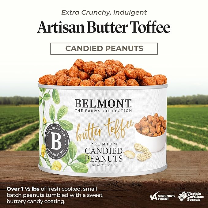 Belmont Peanuts Gourmet Butter Toffee Candied Peanuts, 25 oz (1 Pack) ??Only 4 Ingredients, No Preservatives, 3g Protein ??A Premium, Sweet, Buttery, Salty, Crunchy, Hand Seasoned Snack