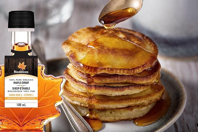 100% Pure Organic Maple Syrup, 100 ml (3.38 Fl Oz) - Premium Grade A - Quebec's Finest in Elegant Maple Leaf Bottle from Biodélices