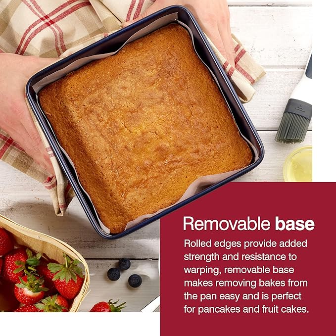 Zyliss E980201 Non-Stick Loose Base Square Cake Tin | 20cm/8in | Carbon Steel | Dark Blue | Baking Tin/Bakeware | Dishwasher Safe | 5 Year Guarantee
