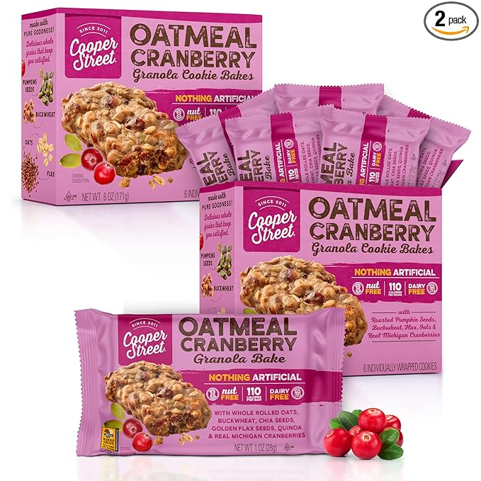 Cooper Street Granola Cookie Bake - Oatmeal Cranberry Chewy Granola Bars| Individually Wrapped Healthy Breakfast Granola Bars | 6 oz | 2 Pack