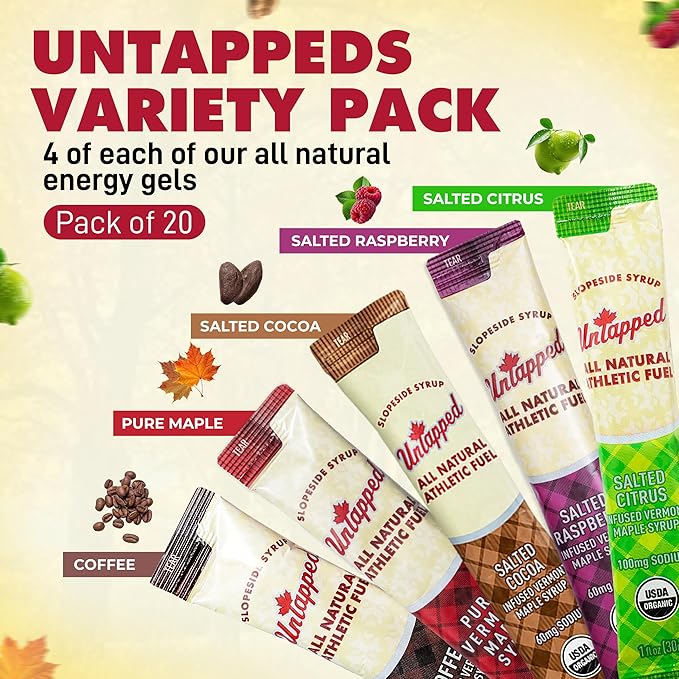 UnTapped Maple Syrup Energy Gels Pack of 20 | 5 All-Natural Flavors Including Coffee, Raspberry, Pure Maple, Citrus, & Cocoa | USDA Organic-Certified Maple Syrup for Long-Lasting Energy