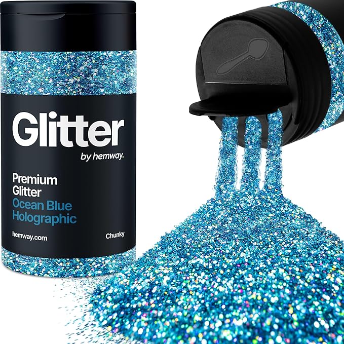 Hemway Premium Glitter Shaker - Ocean Blue Holographic | Chunky Metallic Flake Sequins for Resin & Epoxy Crafts | Craft Supplies for Tumblers, Festival, Face, Body, Eye & Nail Art Decoration | 115 g