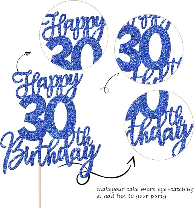 1 PCS Happy 30th Birthday Cake Topper Glitter Cheers to 30 Years Birthday Cake Pick Thirty Hello 30 Fabulous Cake Decoration for Happy 30th Birthday Anniversary Party Decorations Supplies Blue