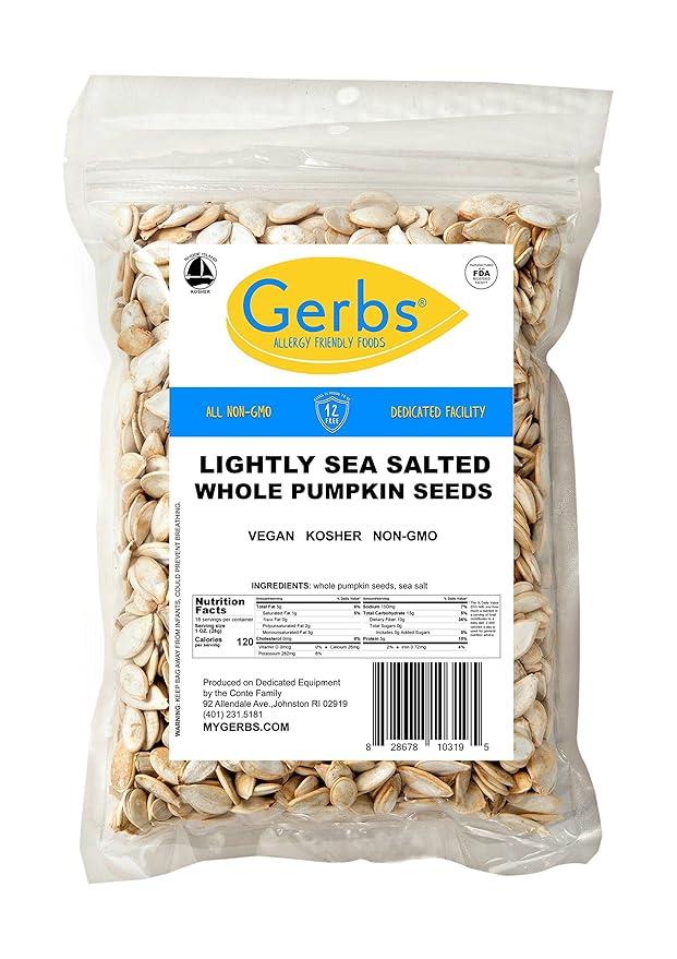 Gerbs Lightly Sea Salted Whole Pumpkin Seeds 1 lb. | Small Batch Roasted, In-Shell, 10.5 mm Size, Resealable Bag | Naturally Crunchy & Mild | Top 14 Allergen-Free