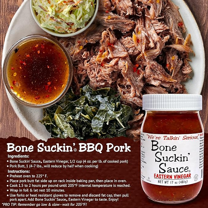 Bone Suckin??Sauce Eastern Vinegar BBQ Sauce, Authentic Carolina Flavor, Zesty, Vinegar-Based Flavor, For Chicken, Pork, Beef, Potatoes Gluten-Free, Non-GMO, Kosher (1 Count)