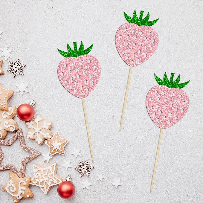 24 Pack Strawberry Cupcake Toppers Glitter Birthday Strawberry Cupcake Picks for Fruit Baby Shower Kids Birthday Summer Berry Cupcake Decorations Party Supplies Pink