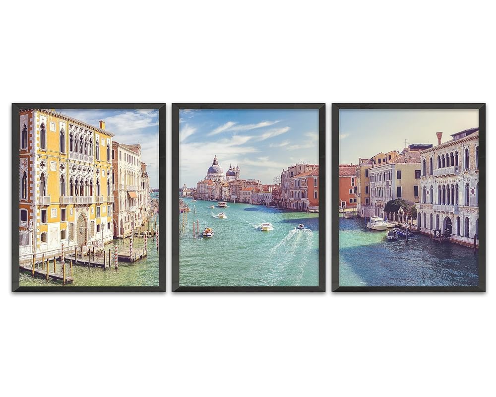 Venice Panoramic Photography Prints, Unframed, Set of 3, Boats, Canal, Coastal Home and Wall Decor, All Sizes (8x10)