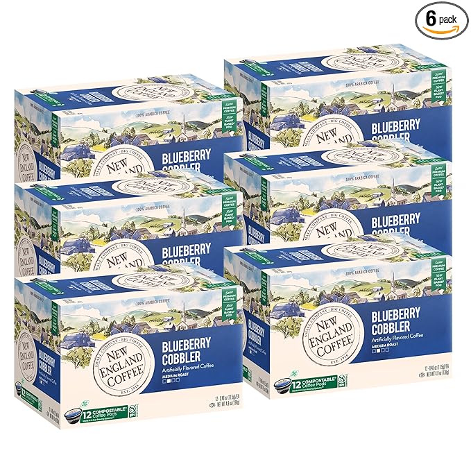New England Coffee Blueberry Cobbler Medium Roast Single Serve Pods, 12ct Box (Pack of 6)