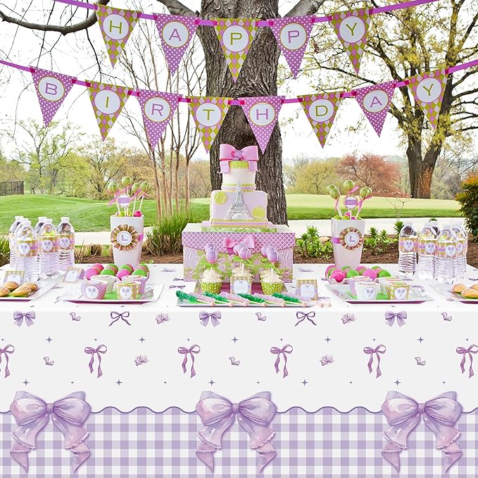 3Pcs Purple Bow Party Tablecloths - Coquette Bow Knot Party Table Covers Decorations Coquette Purple Rectangular Plastic Disposable Table Cloth Decor for Kids Girls Women Birthday Baby Shower Supplies