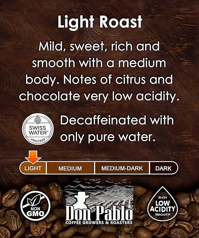 2LB Don Pablo Colombian Decaf Light Roast - Swiss Water Process Decaffeinated - Light Roast Whole Bean Coffee - Low Acidity - 2 Pound (2 lb) Bag
